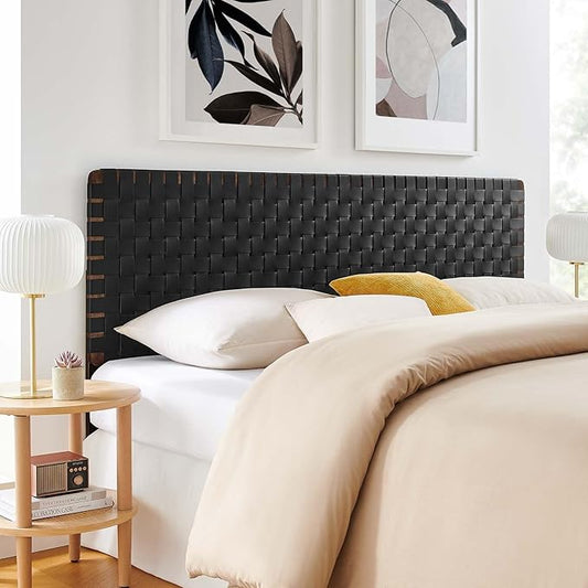 Modway Sparta Vegan Leather Weave King Headboard in Walnut Black Faux Leather King Headboard Only, Height Adjustable Headboard, Freestanding Headboard for Primary Bedroom or Guest Room