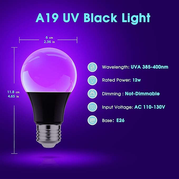 Briignite Black Light Bulbs, 12W LED Black Light Bulb for Halloween Decoration, UVA 385-400nm UV Black Light, A19 Blacklight Bulb for Glow in Dark, Body Paint Fluorescent Poster Glow Party, 6 Pack