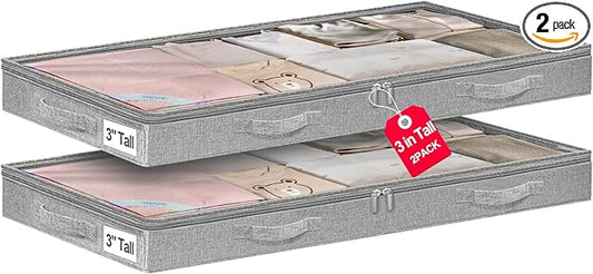punemi 3 Inch Low Profile Under Bed Storage Bins with NO STURCTURE Design, Shallow Clothes Storage Bags with Clear Lids - Fits Under Sofa, Couch, Dorm, or College Beds, 40x20x3inch, 2 Pack, Grey