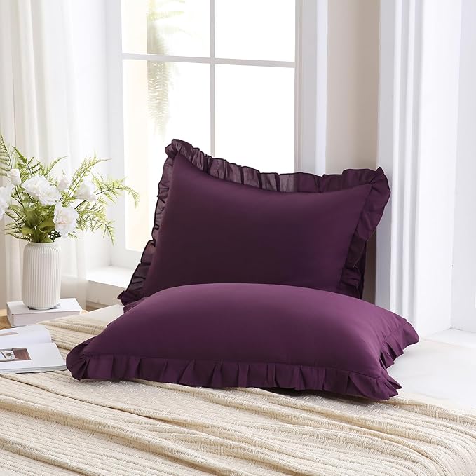 Merryword Dark Purple Pillow Shams Purple Ruffle Standard Pillowcases Cute Pillow Cover Set of 2 Shabby Chic Soft Microfiber Pillowcases 2 Pack