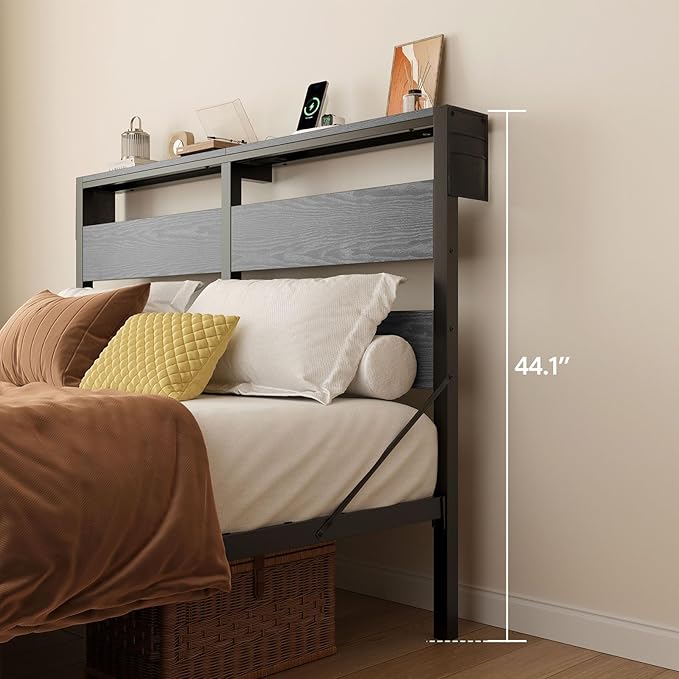 Bestier Queen Bed Frame with Headboard and Charging Station,Platform Bed Frame with LED Light, Non-Slip Metal Bed Frame, Noise-Free, Easy Assembly, Grey
