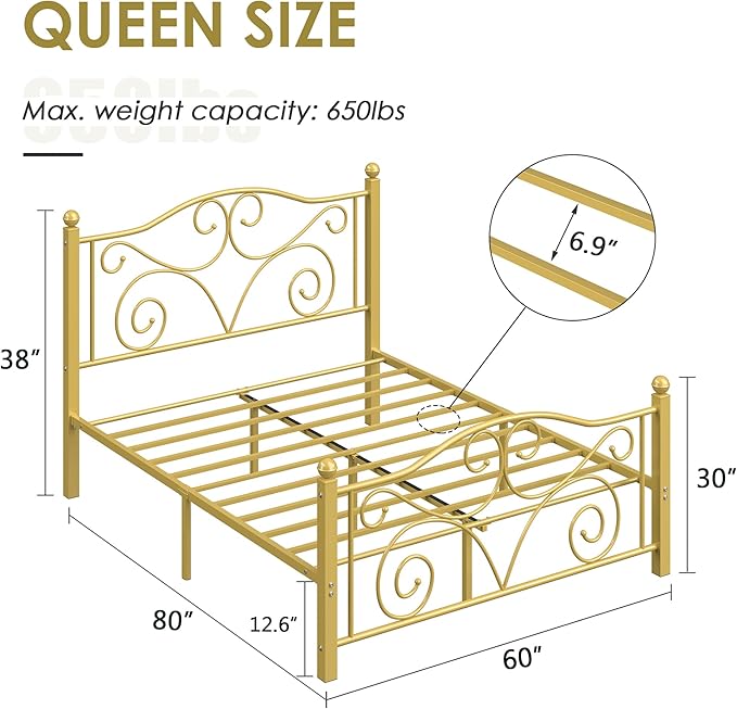 VECELO Queen Size Bed Frame with Headboard and Footboard, Heavy Duty Metal Slat Support, Platform Mattress Foundation, No Box Spring Needed, Easy Assembly, Gold