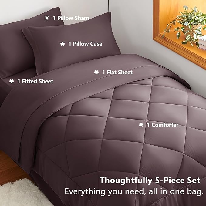 CozyLux Twin XL Comforter Set Cocoa Powder - 5 Pieces Twin Extra Long Bed in a Bag for College Dorm, All Season Bedding Set for Girls and Boys, Soft Bed Set with Comforter, Sheets, Pillowcase & Sham