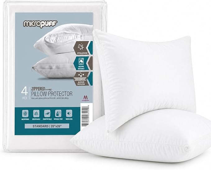 Micropuff Pillow Protectors with Zipper - Soft and Breathable Hypoallergenic Pillow Cover. Pillowcase Protects Against Stains, Spills, and Perspiration. (Microfiber, Standard Set of 4- 20 x 26)