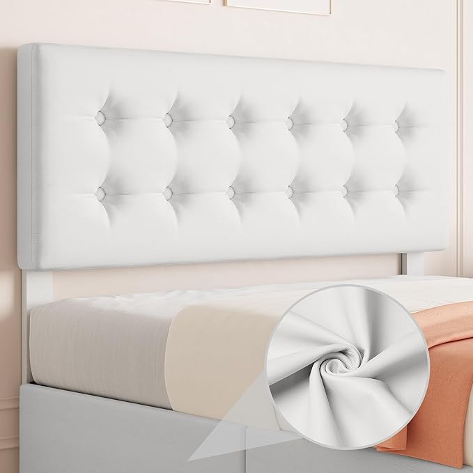 IDEALHOUSE Full Size Bed Frame with 4 Storage Drawers and Headboard, Faux Leather Upholstered Platform Bed Frame with Wooden Slats Support, Button Tufted Design, No Box Spring Needed, White