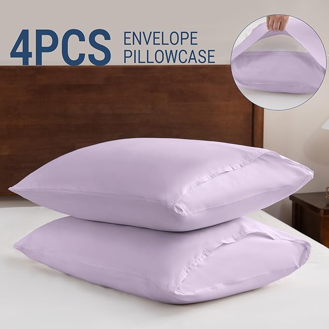 Pillowcases Queen 4 Pack, 20x30 Pillow Cases with Envelope Closure, Soft Plain Brushed Microfiber Covers Breathable Wrinkle-Resistant, Lavender