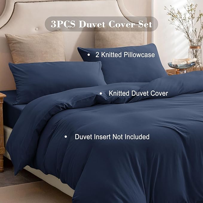 PURE ERA Jersey Knit Duvet Cover Set 100% T-Shirt Cotton Super Soft Comfy 3pc Bedding Set with Zipper Closure (Solid Navy Blue, King, 104'' x 90'')