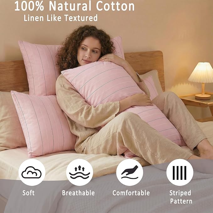Merryword Pink Striped Pillowcases, 100% Cotton Pillow Cases, King Size Pillowcases, Soft Breathable Pinstripe Pillow Covers, Set of 2