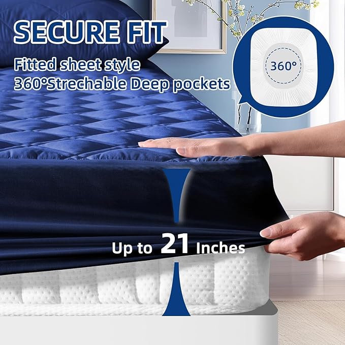 MEELUS Waterproof Queen Mattress Protector, Breathable Queen Size Mattress Pad Cover Fitted Deep Pocket 8"-21", Soft Noiseless Mattress Cover Washable Padded for Home Bedroom