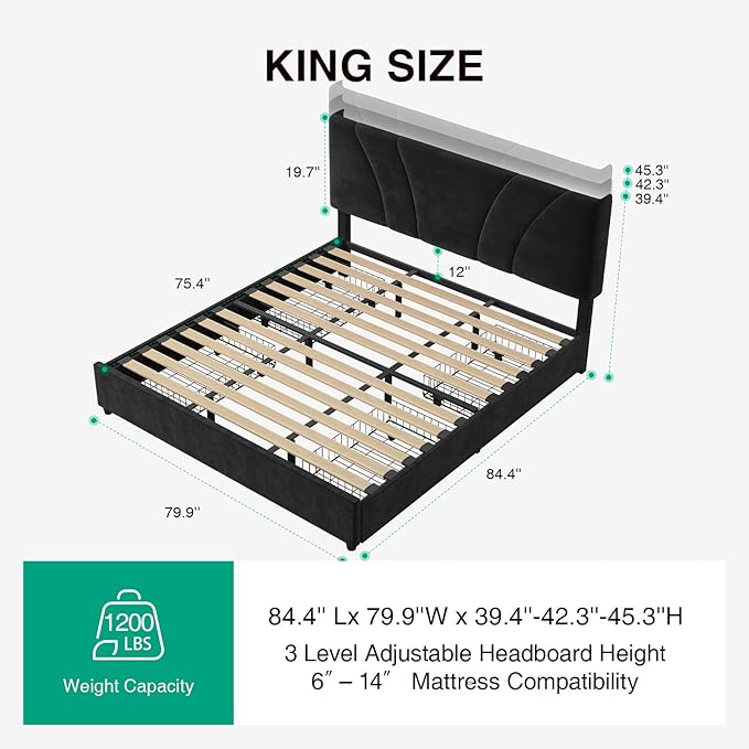 Novilla King Bed Frame and Headboard, King Size Bed Frame with Storage Drawers, King Bed Frame with LED Lights, Charging Station and Adjustable Headboard, No Box Spring Needed, Black Velvet