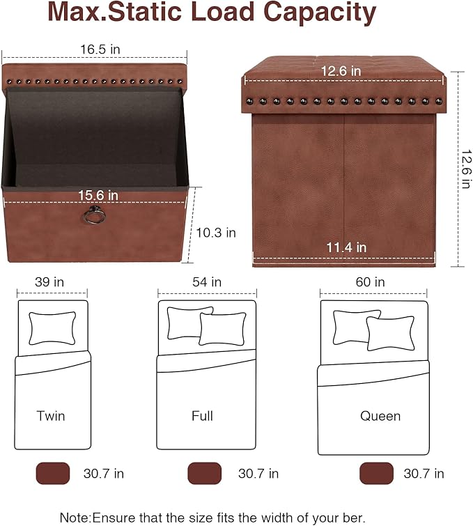 Ottoman Faux Leather Storage Ottoman Bench, Rectangular Storage Ottoman for Bedroom End of Bed, Brown Leather Footrest Ottoman with Toy Blanket Storage 16" D x 12" W x 12" H (Small)