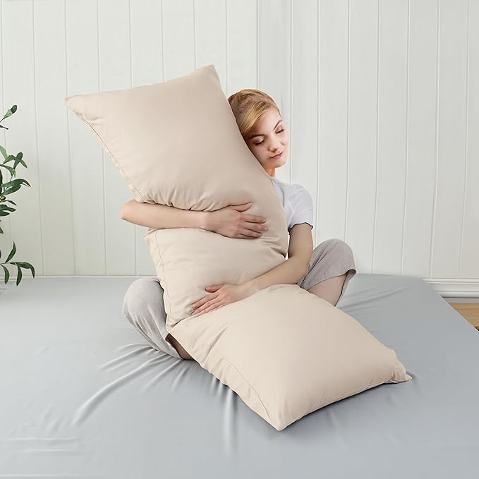 100% Cotton Soft Body Pillow Protectors with Invisible Zipper 20X54 Inches Body Pillow Cases, 600 Thread Count Soft Pillow Cases, Beige Color 1-Pack
