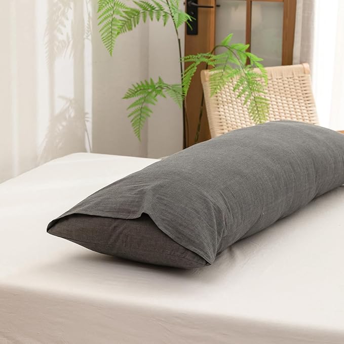 BESTOUCH 100% Washed Cotton Pillowcase for Hair and Skin Linen Feel Soft Comfortable Breathable 1 Pcs Pillow Case with Envelope Closure Solid Dark Grey Body 20x54 Inches