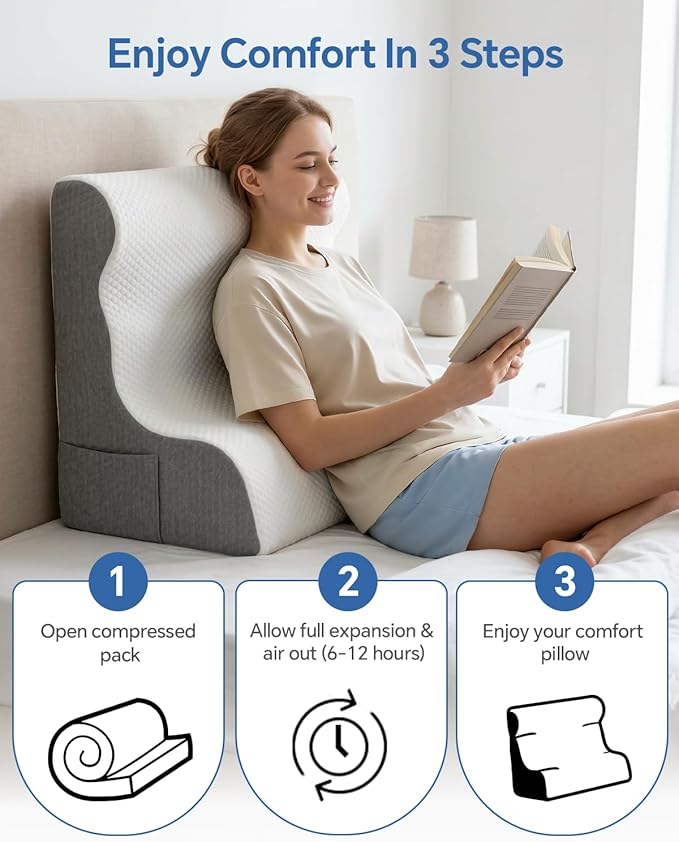 Wedge Pillow Headboard, Ergonomic Memory Foam Bed Wedge Pillow for After Surgery, Acid Reflux & Snoring Relief, Elevated Pillow for Sleeping, Sitting Up, Reading, TV, Back Support & Leg Elevation