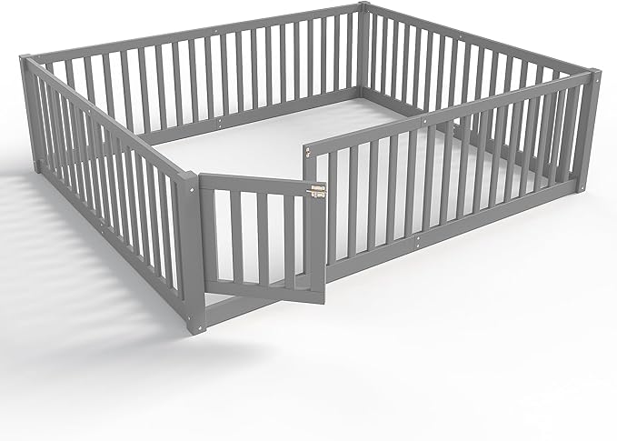 Bellemave Queen Size Montessori Floor Bed with 23.5" High Rails, Pine,Plywood Floor Bed with Small Door, Gray