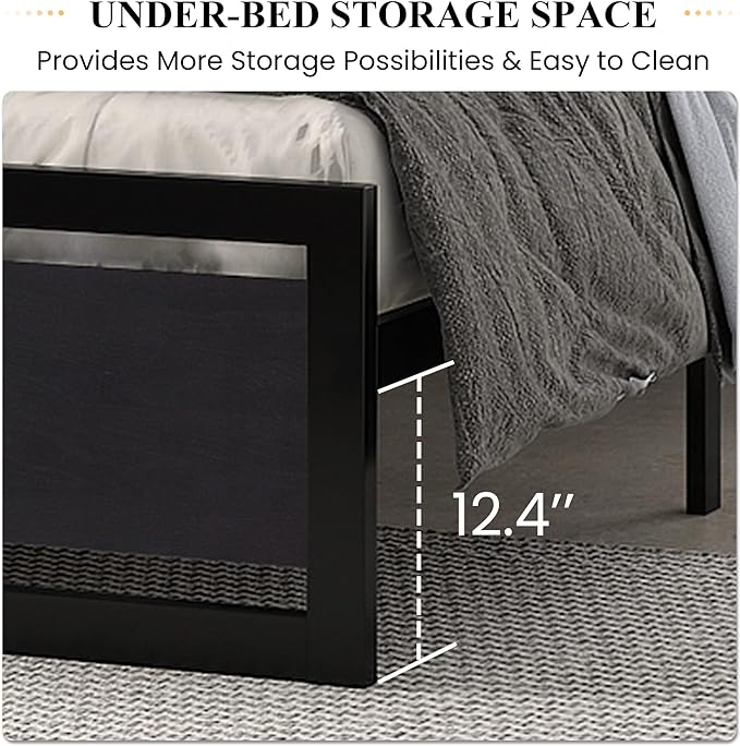SHA CERLIN Queen Size Bed Frame with Modern Headboard, Heavy Duty Platform Metal Base with Square Footboard and 13 Strong Slats Support, No Box Spring Needed, Black