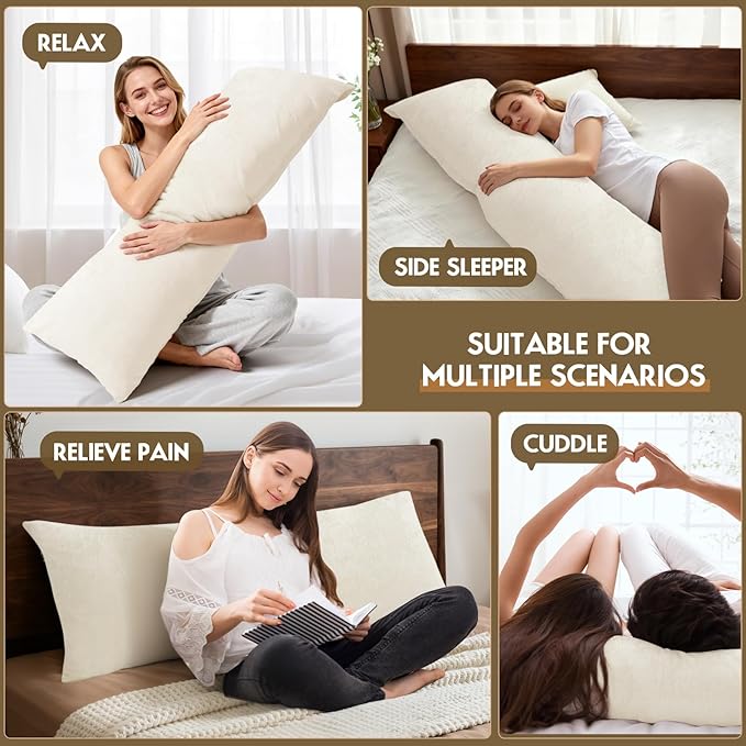 Body Pillow for Adults with Removable Pillowcase，Memory Foam Fluffy Body Pillows for Side Sleepers, Back Pain, Pregnancy, Large Long Pillow Full with Cover for Bed,20x54 Inch, Cream
