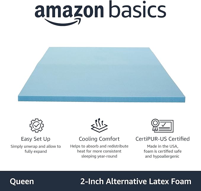 Amazon Basics Cooling Gel-Infused Memory Foam Queen Mattress Topper, CertiPUR-US Certified, 2 Inches, Blue
