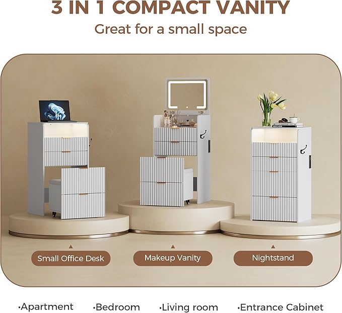 Garvee 3 in 1 Vanity Desk with 3 Drawers and Rolling Stool, Compact Vanity with Flip Top Mirror and Lights, Modern Small Makeup Vanity Table with Charging