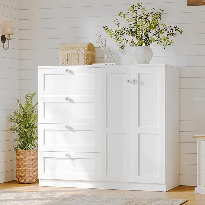 VOWNER Armoire Wardrobe Closet with 4 Drawers and 2 Doors, 43''H Clothing Storage Cabinet Dresser with Hanging Rod, Cothes Wardrobe for Bedroom, Baby Closet, White