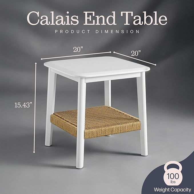 Alaterre Furniture Calais 2-Tier Small End Table with Woven Storage Shelf – Mid Century Modern Wooden Nightstand or Side Table for Small Spaces, Living Room & Bedroom (White)