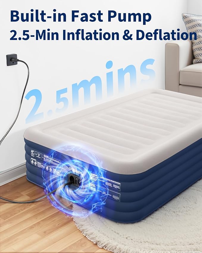 KINGJERRY Twin XL Air Mattress with Built in Pump, Upgraded 5-Layer Air Chamber, 18" Raised Inflatable Mattress, 500 lbs Heavy-Duty Support, 48Hr Leak-Tested Blow Up Bed for Home Guests & Camping