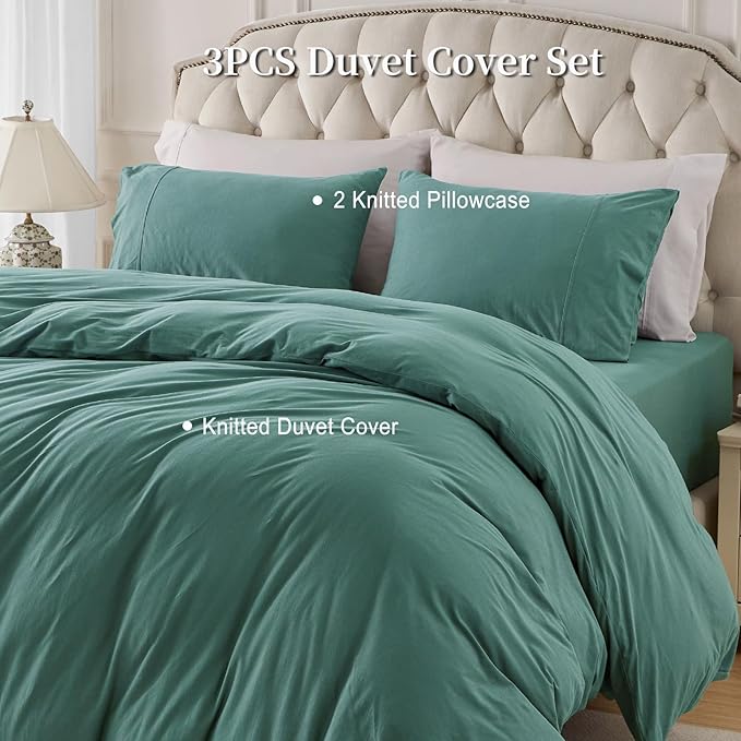 PURE ERA Jersey Knit Duvet Cover Set 100% T-Shirt Cotton Super Soft Comfy 3pc Bedding Set with Zipper Closure (Solid Teal Green, King)