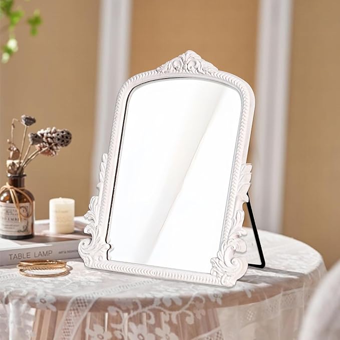 HSDDHOME 11.8" x 9.6" Small White Arched Vanity Mirror, Vintage Makeup Mirror Baroque Style Arendahl Carved Mirror with Frame for Desk Decorative Table Aesthetic for Dresser,Bedroom,Living-Room