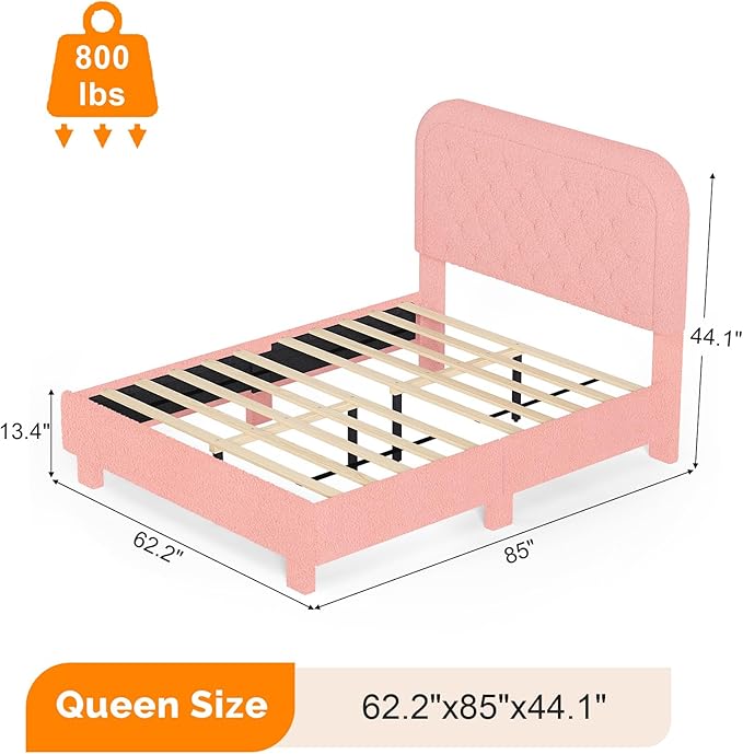 VINGLI Cloud Queen Bed Frame with Boucle Headboard,Cozy Soft Platform Bed with Wooden Slats, Cute Fabric Headboard, Cream Modern Style,Noise Free,Rounded Corners,Pink