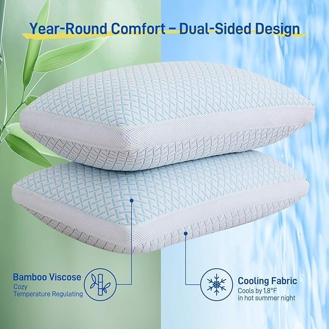 Alkyonos Shredded Memory Foam Cooling Soft Pillow Queen Size, Adjustable Hypoallergenic Hotel Quality Pillow for Back, Side and Stomach Sleeper, Viscose Derived from Bamboo, Oeko-TEX Certified