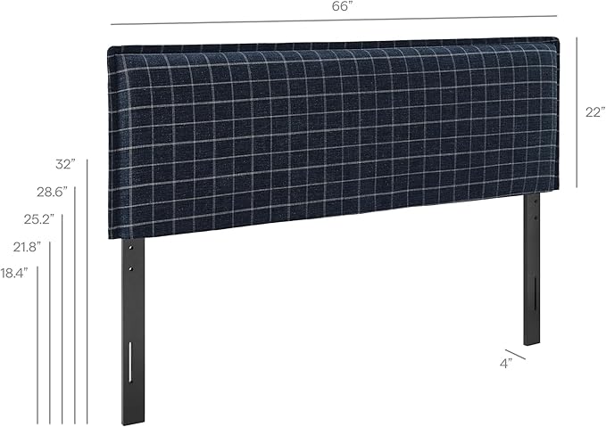 Modway Camille Queen Size Checkered Linen Blend Plaid Headboard with Removable Slipcover – in Denim Windowpane Check - Padded Pillow Style Headboard with Adjustable Mounting for Queen Beds