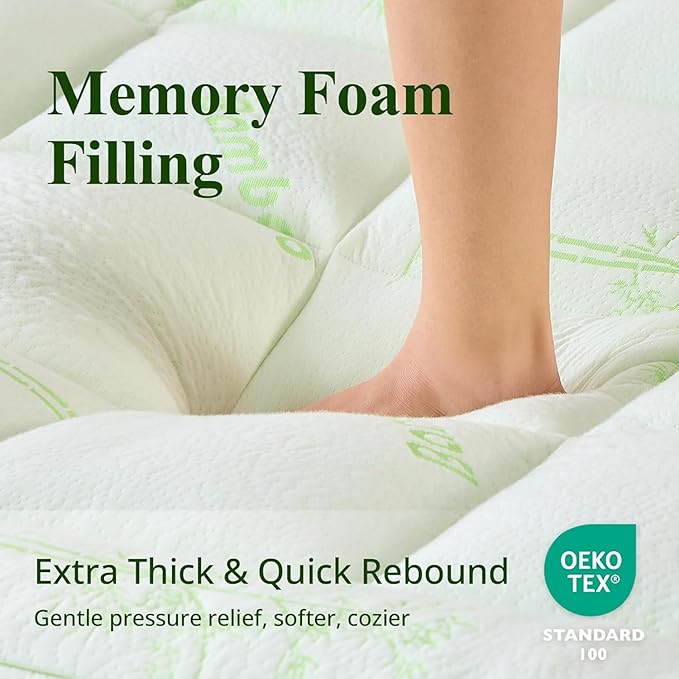 Memory Foam Mattress Topper - Viscose Made from Bamboo Pillow Top Thick Full Size Mattress Pad for Back Pain, Ultra Soft & Cooling for Hot Sleepers, 6-18'' Deep Pocket, Green
