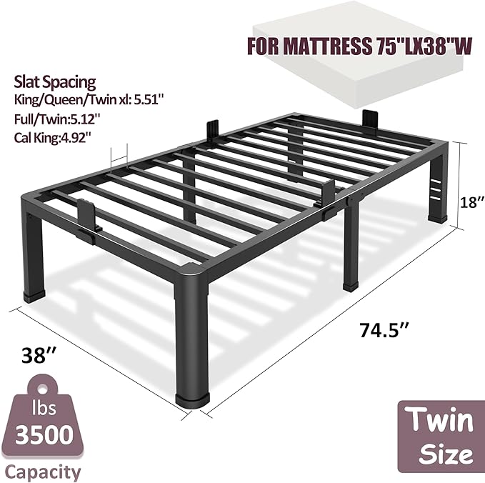 Bilily 18 Inch Twin Bed Frame Metal Platform with Round Corner Legs,3500 LBS Heavy Duty Steel Slats Support,Headboard Compatible,No Box Spring Needed,Easy Assembly,Mattress Retainer,Underbed Storage