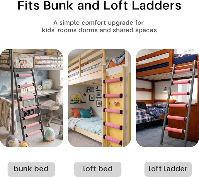 Bunk Bed Ladder Pads 6.5 Ft with 10 Adjustable Straps, Soft Foam Ladder Cover for Loft Bed, Cushioned Step Pads for Comfortable Climbing, Secure Fit, Pink