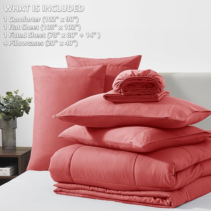 CozyLux King Size Comforter Set Coral, 7 Pieces Bed in a Bag, Coral Comforter King Size, All Season Bedding Sets with Stitch Quilted Comforter, Flat Sheet, Fitted Sheet, Pillowcases