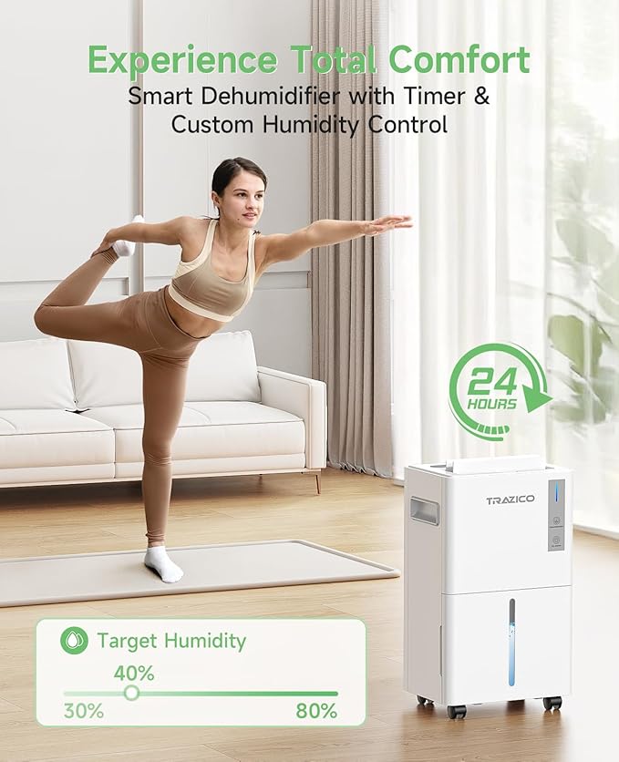 1500 Sq.ft Dehumidifier for Basement, Trazico 21 Pint Quiet Dehumidifiers for Home with Drain Hose, Smart Humidity Control, 3 Modes, 24H Timer, Auto Defrost, for Large Room, Bedroom, and Bathroom