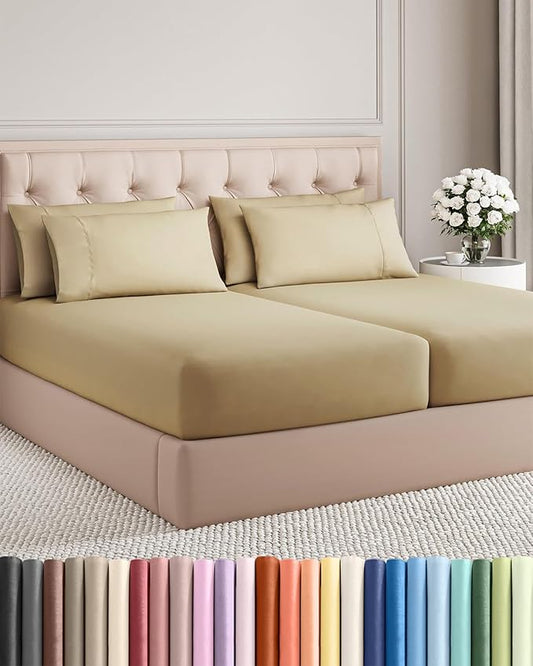 Split King 7 Piece Sheet Set - Comfy Breathable & Cooling - Hotel Luxury Bedding for Women, Men, Kids, Teens & Children - 1 Flat & 2 Fitted Sheets & 4 Pillowcases w/ Deep Pockets, Wrinkle Free - Beige