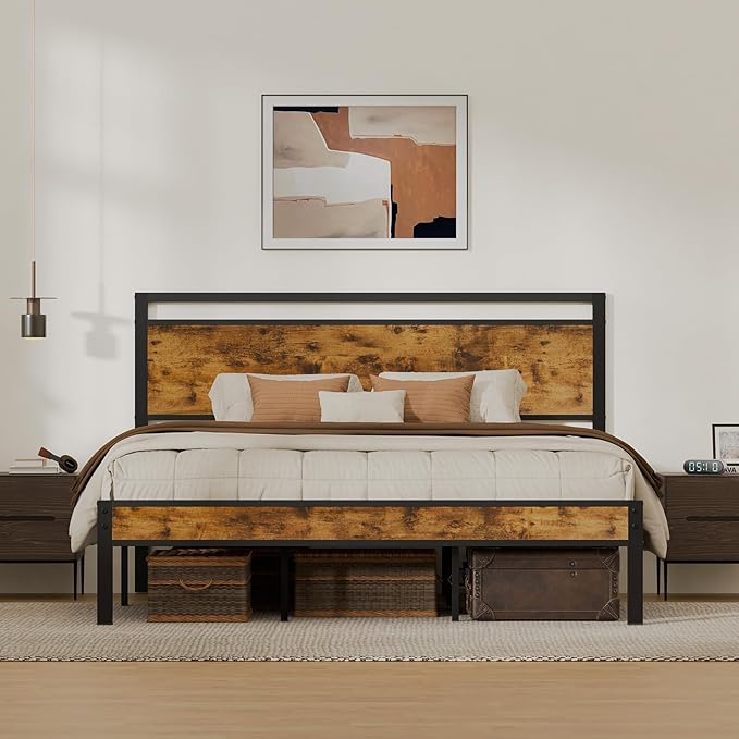King Metal Bed Frame with Wooden Headboard and Footboard, Heavy Duty Platform Frame with Metal Slats, No Box Spring Needed, Quiet and Non-Slip Design, Space Saving Bed Frame for Bedroom, Vintage Brown