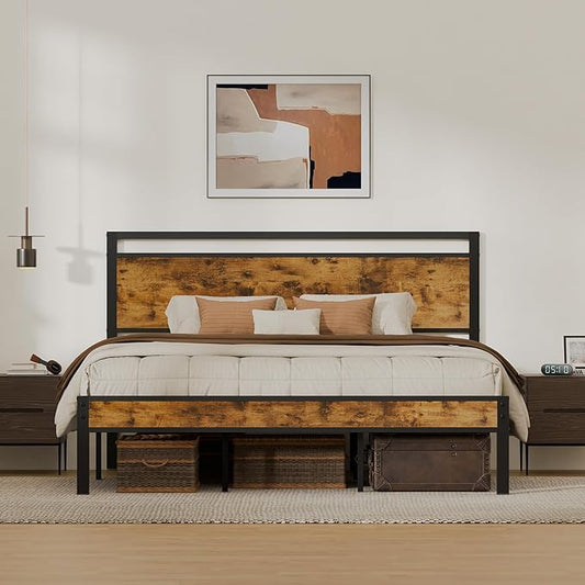 King Metal Bed Frame with Wooden Headboard and Footboard, Heavy Duty Platform Frame with Metal Slats, No Box Spring Needed, Quiet and Non-Slip Design, Space Saving Bed Frame for Bedroom, Vintage Brown