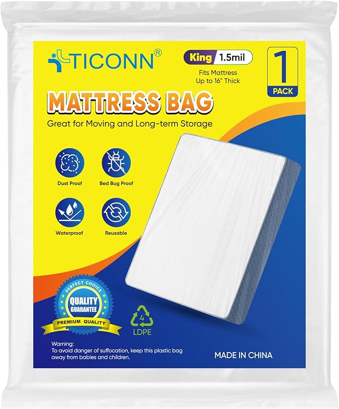 TICONN 1PK Plastic Mattress Bag for Moving Storage, Waterproof Mattress Protector Cover, Heavy-Duty Mattress Moving Supplies (1.5 mil, King)