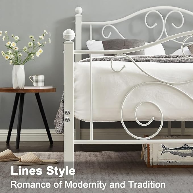 VECELO Queen Size Bed Frame with Headboard and Footboard, Heavy Duty Metal Slat Support, Platform Mattress Foundation, No Box Spring Needed, Easy Assembly, White
