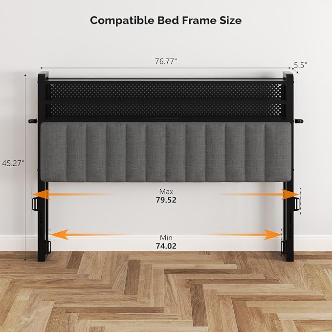 VINGLI King Size LED Headboard with Charging Station and 3 Layer Storage Shelves, Upholstered Modern Headboard with RGB Lights, USB Ports & Power Outlet for Large Master Bedroom,Linen Dark Gray