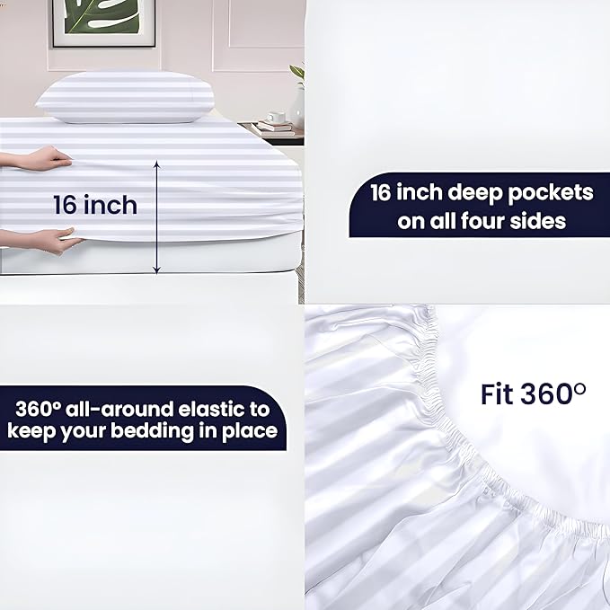 SGI Split King Sheet Set for Adjustable Bed Egyptian Premium Cotton 600 Thread Count Sheets for Sleep Number Bed 15" Deep Pocket 5 Pc Set with 2 Twin XL Fitted Sheets Soft Breathable -White Stripe