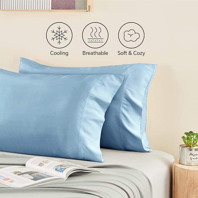BEDELITE Pillow Cases Queen Size Set of 2, Rayon Derived from Bamboo, Cooling Pillow Cases for Hot Sleepers & Night Sweats, Breathable and Silky Soft Envelope Pillowcases(Blue, 20"x30")