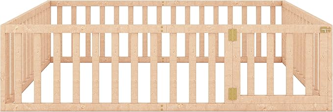 Bellemave Queen Size Montessori Floor Bed with 21.7" High Rails, Pine,Plywood Floor Bed with Small Door, Natural