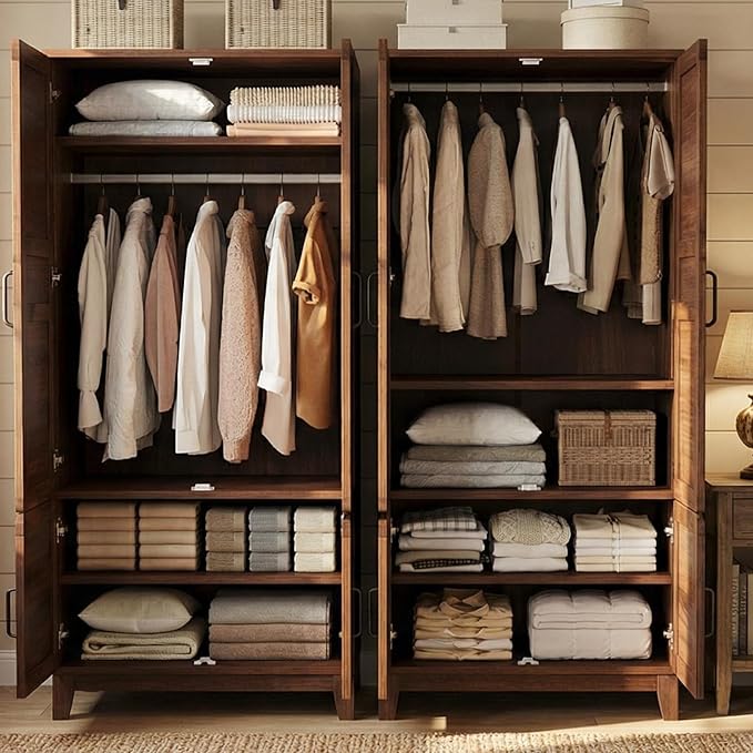 IDEALHOUSE Armoire Wardrobe Closet with 4 Doors, 72" Tall Wooden Clothing Wardrobe with Hanging Rod & DIY Adjustable Shelf, Heavy Duty Bedroom Armoire Storage Cabinet, Walnut