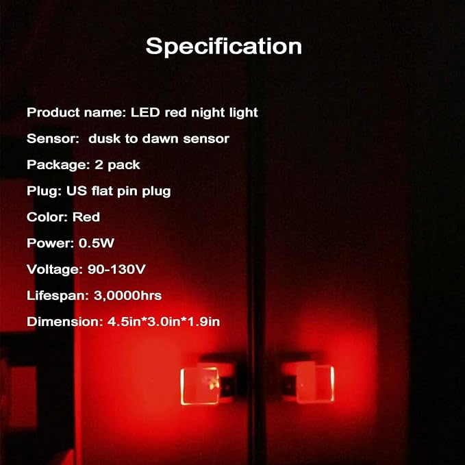 Red Night Lights Plug in 2 Pack, 0.5W Red Light Night Light with Dusk to Dawn Sensor, Auto On/Off LED Night Light Plug into Wall Pefect for Babyroom, Bedroom, Bathroom