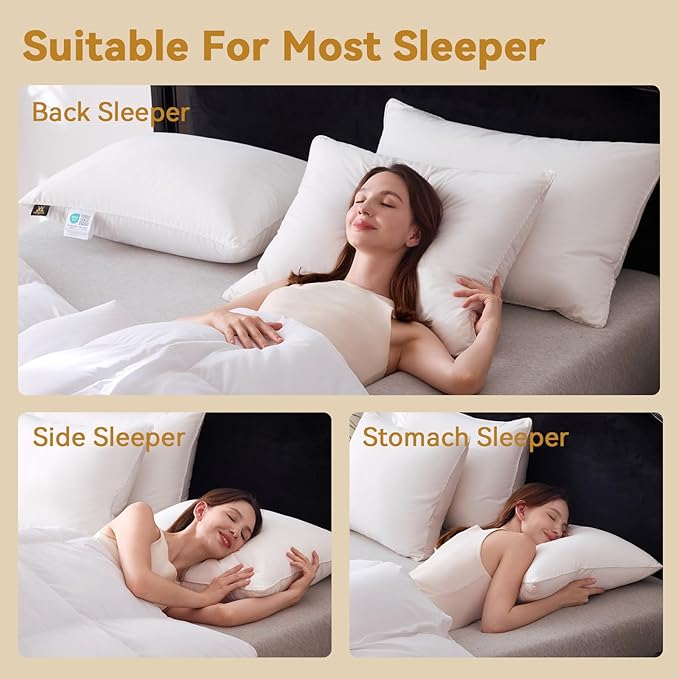 L LOVSOUL Goose Feather Down Pillow Queen Size of 2,Ultra Soft 100% Organic Cotton Fabric, 700TC,800 Fill Power, Luxury Hotel Collection Bed Gusseted Pillows for Back, Stomach or Side Sleepers
