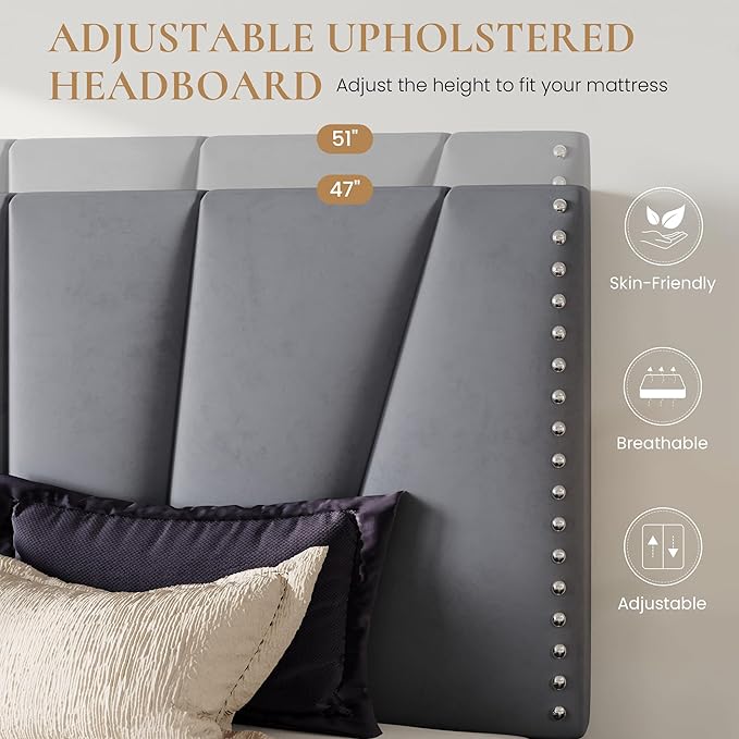 SHA CERLIN King Size Bed Frame with Adjustable Upholstered Velvet Rivets Headboard, Sturdy Wooden Slats, Strong Platform Support for Mattress, No Box Spring Needed, Easy Assembly, Grey