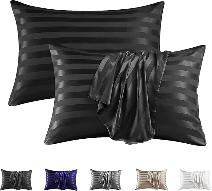 MR&HM Satin Pillowcase for Hair and Skin, Silk Satin Pillowcase 2 Pack, Standard Size Pillow Cases Set of 2, Silky Pillow Cover with Envelope Closure (20x26, Black Striped)
